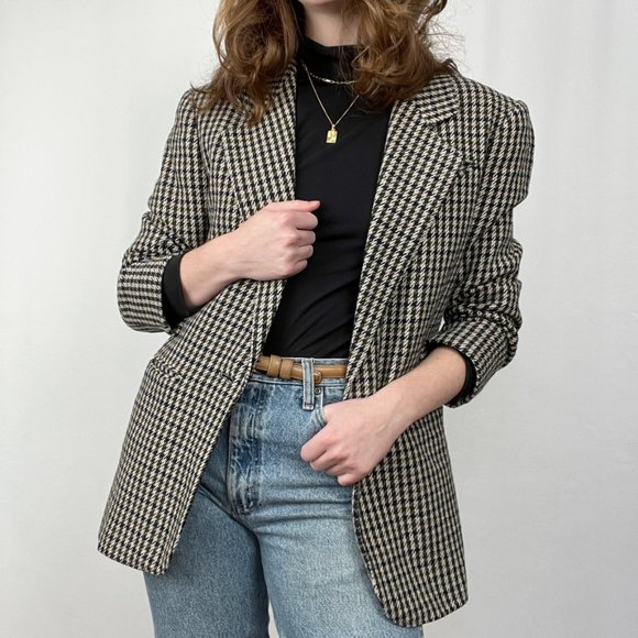 Vintage Jackets & Blazers - Vintage Parisian Oversized Wool Blend Houndstooth Tweed Plaid Blazer Jacket Coat